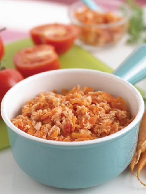 Salmon with Carrots, Cheese and Tomatoes by leading children’s cookery author Annabel Karmel