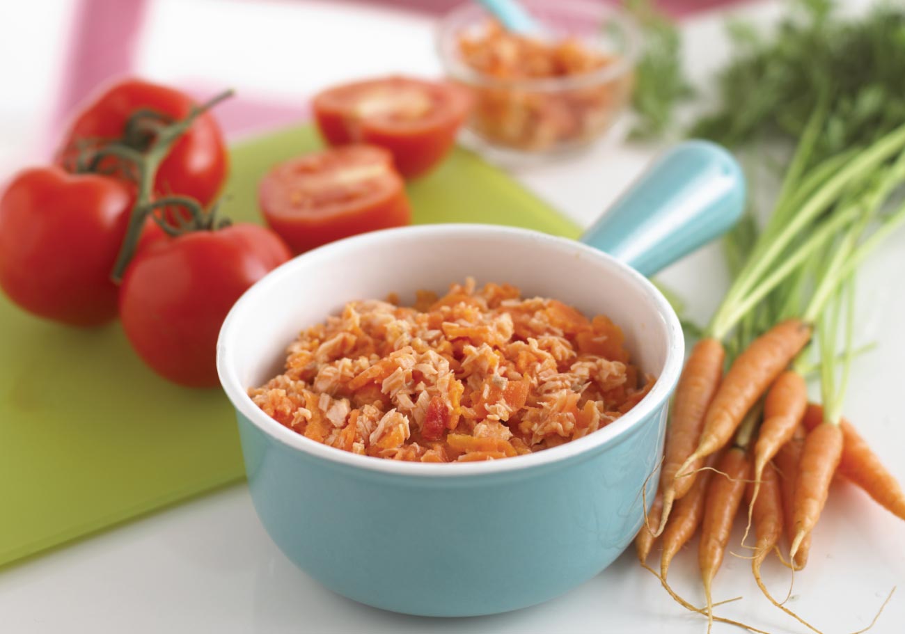 Salmon with Carrots, Cheese and Tomatoes by leading children’s cookery author Annabel Karmel